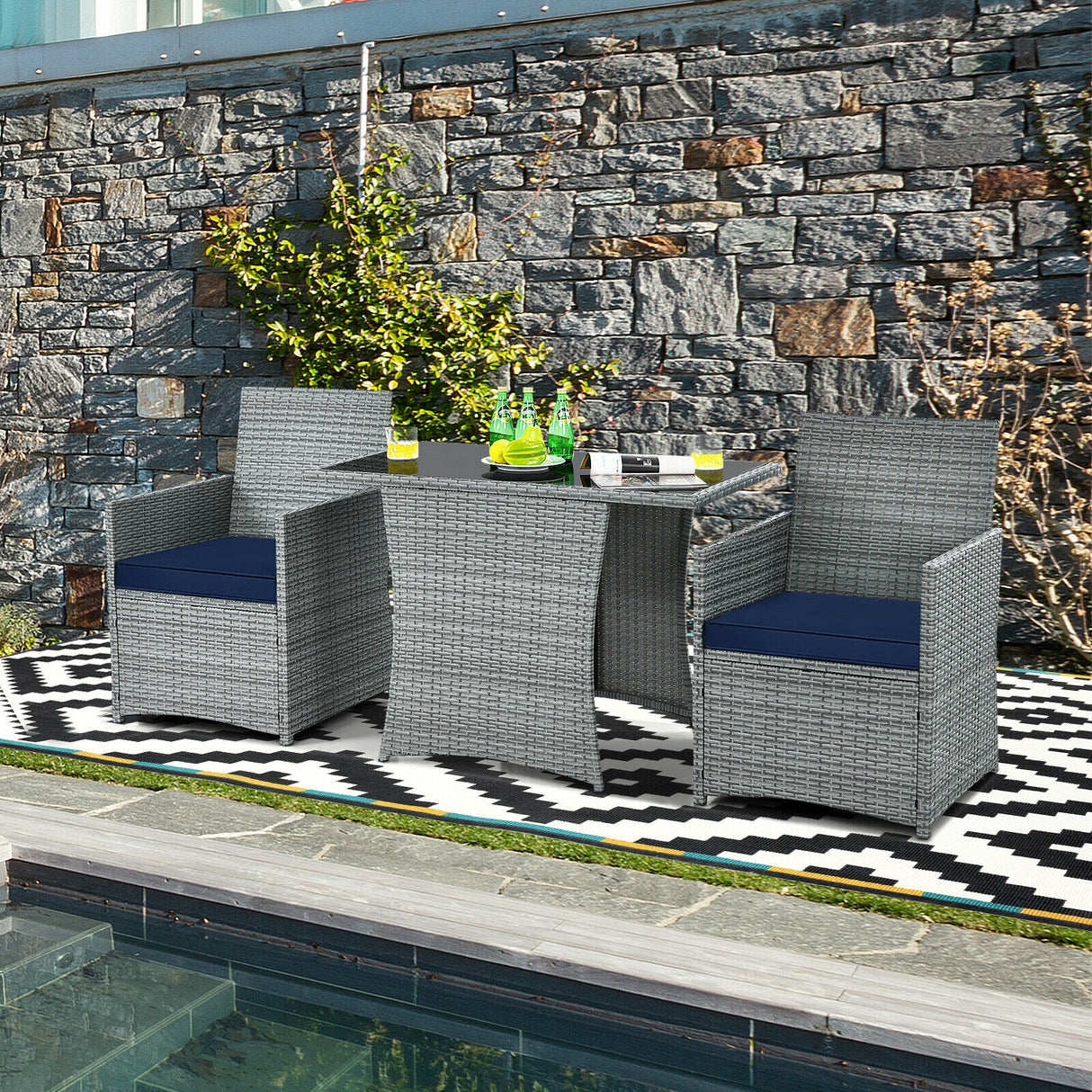 3 Pieces Patio Rattan Furniture Set with Cushioned Armrest Sofa