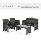 4 Pcs Patio Rattan Furniture Set Top Sofa With Glass Table
