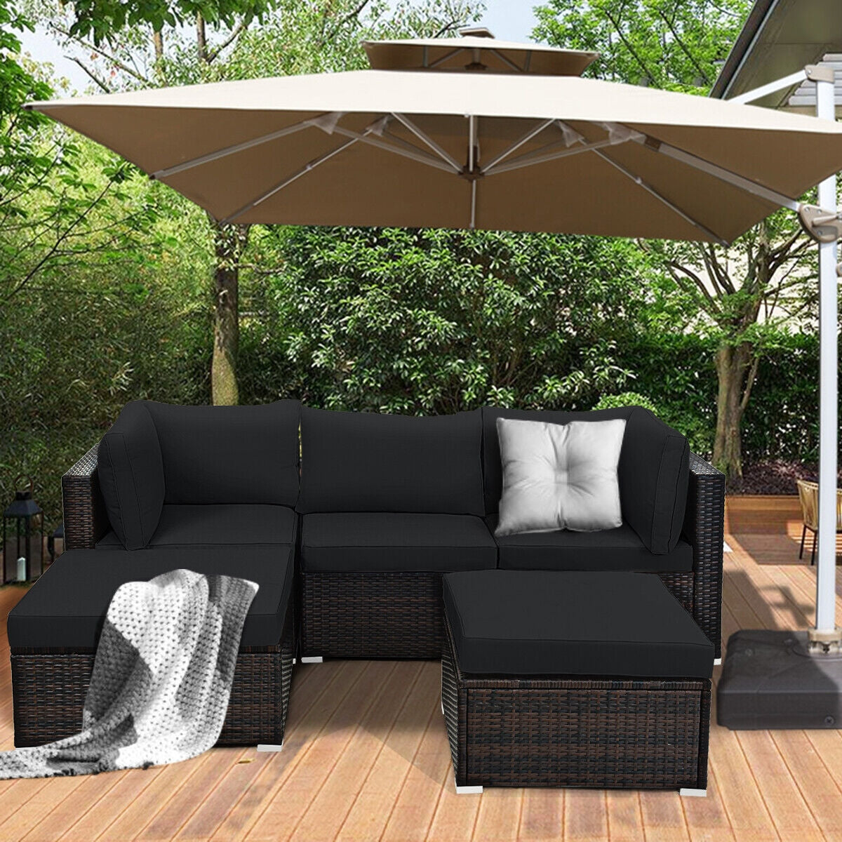 5 Pieces Patio Rattan Sectional Conversation Ottoman Furniture Set