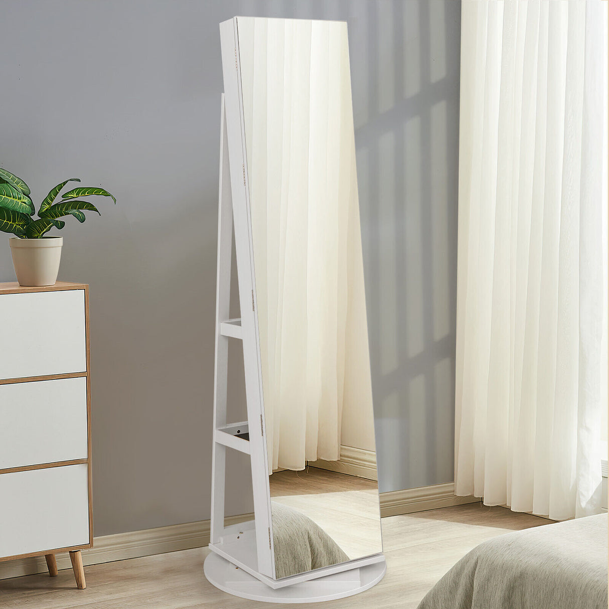 360Â° Rotating Mirrored Jewelry Cabinet Armoire 3 Color LED Modes Lockable