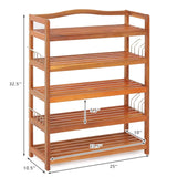 3-Tier Acacia Wood Shoe Rack with Side Metal Hooks
