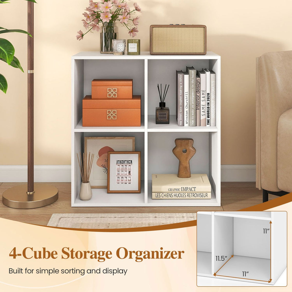 4-Cube Book Shelf Tool-Free Assembly Wooden Bookshelf Modern Bookcase Storage Organizer-White