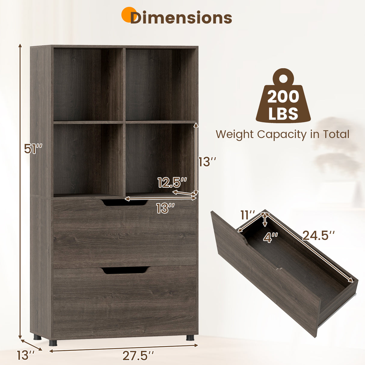 4-Cube Bookcase with 2 Drawers 51 inch 5-Tier Tall Freestanding Bookshelf