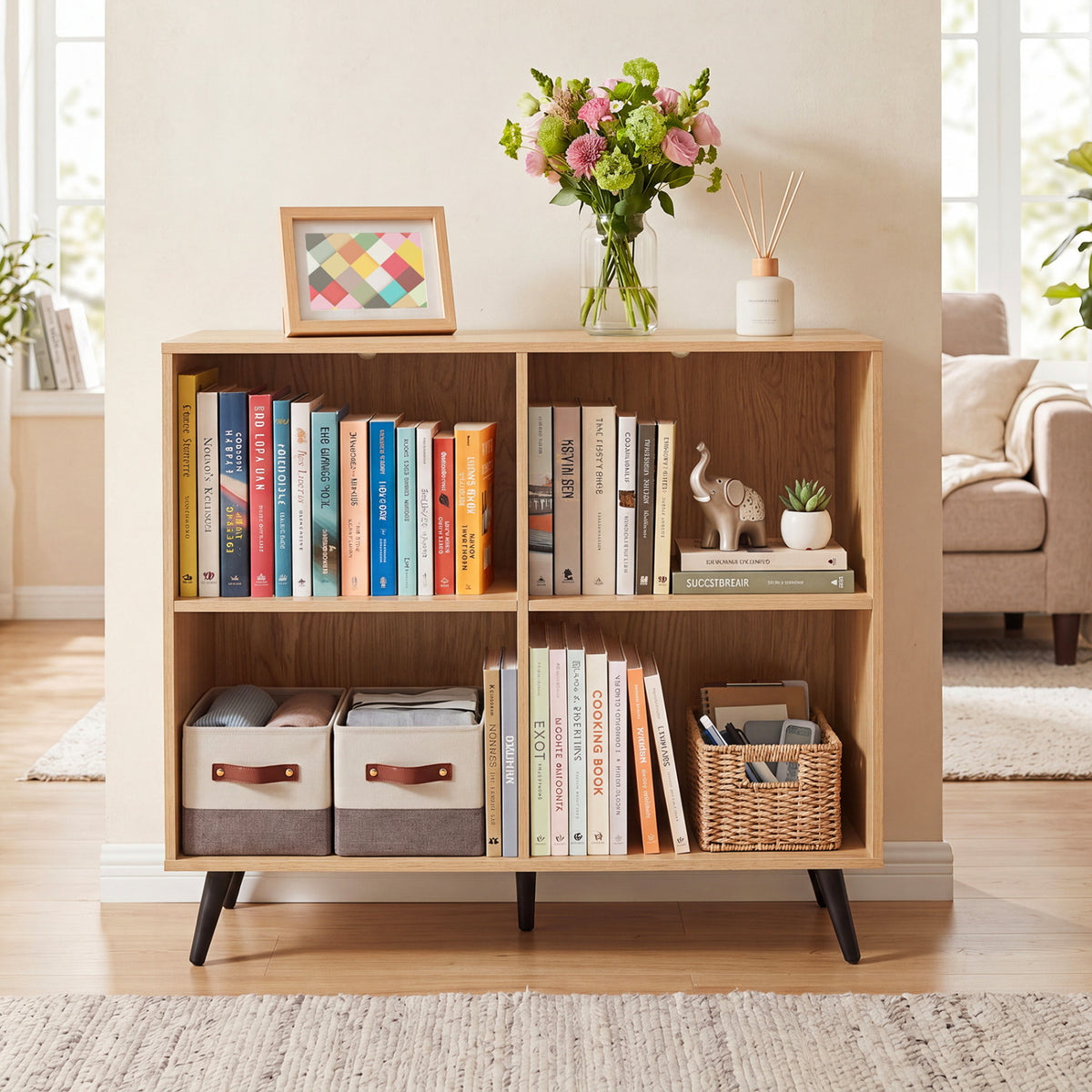 4-Cube Wooden Bookshelf Bookcase with 5 Metal Legs for Home