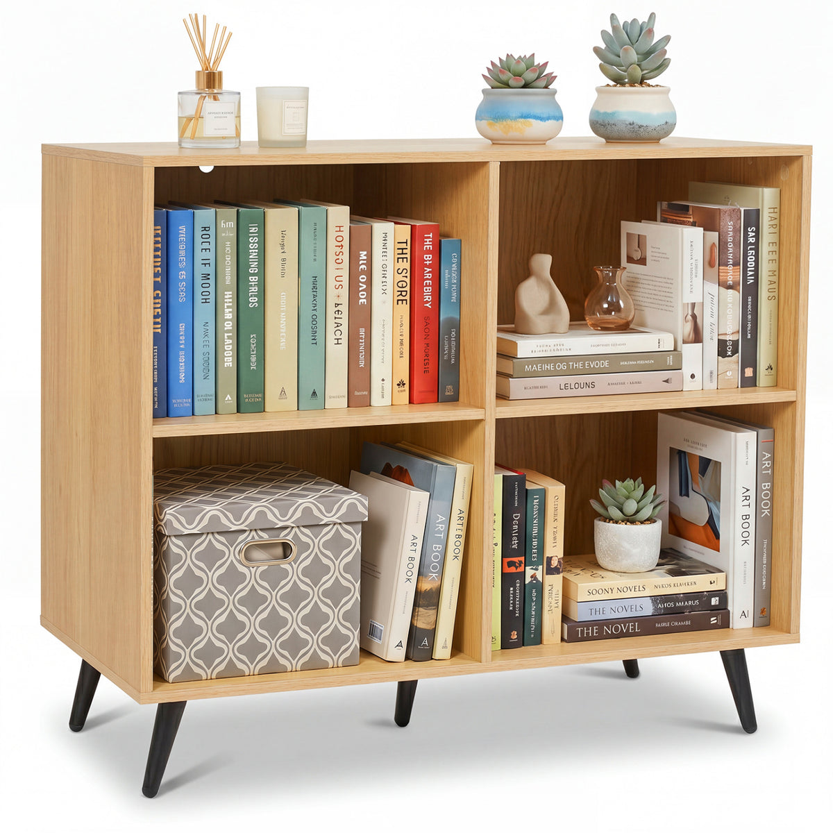 4-Cube Wooden Bookshelf Bookcase with 5 Metal Legs for Home