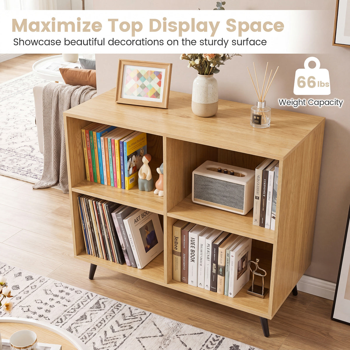 4-Cube Wooden Bookshelf Bookcase with 5 Metal Legs for Home