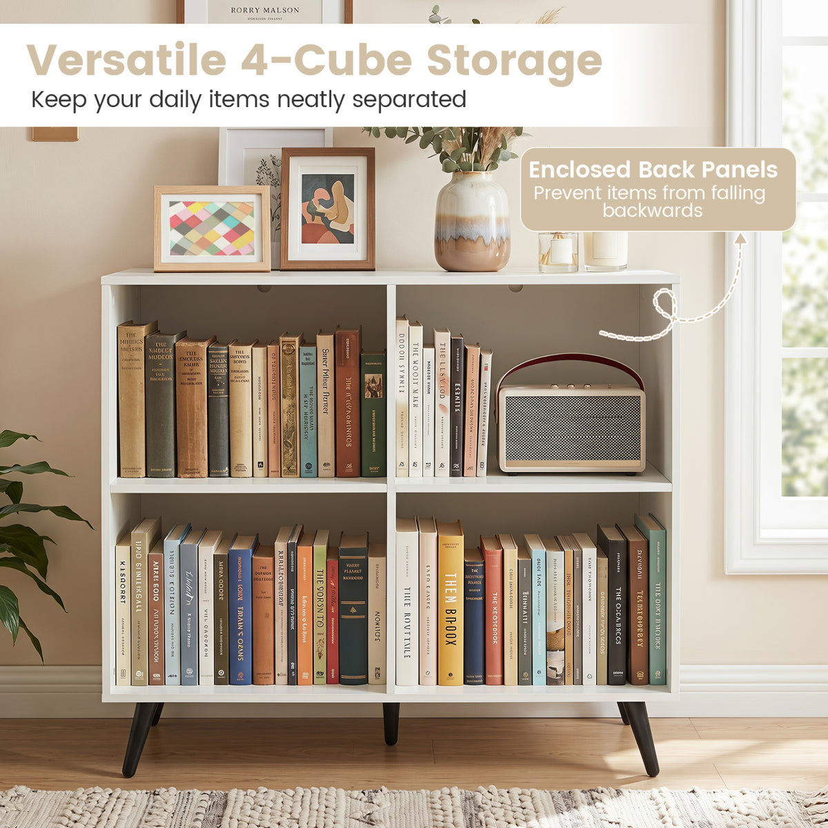 4-Cube Wooden Bookshelf Bookcase with 5 Metal Legs for Home