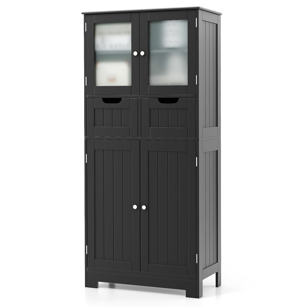 4 Door Freee-Standing Bathroom Cabinet with 2 Drawers and Glass Doors
