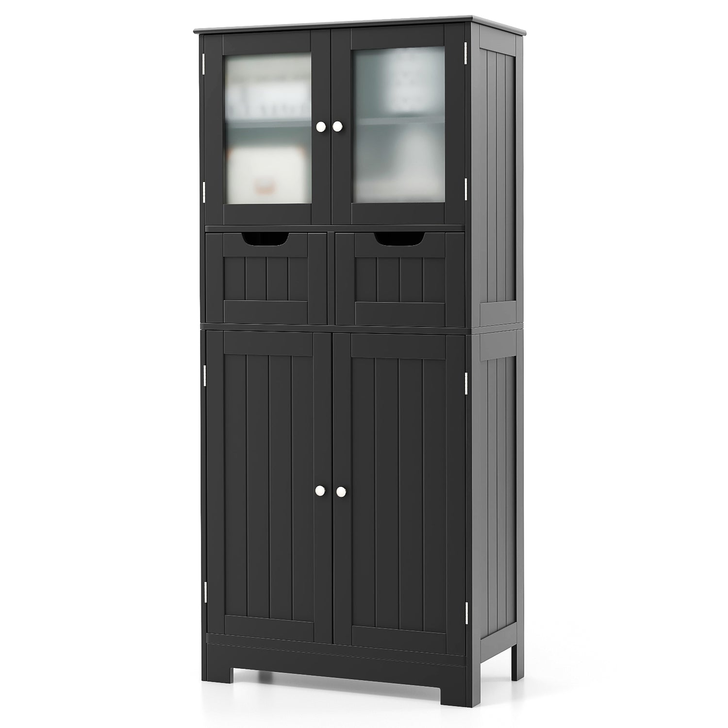 4 Door Freee-Standing Bathroom Cabinet with 2 Drawers and Glass Doors