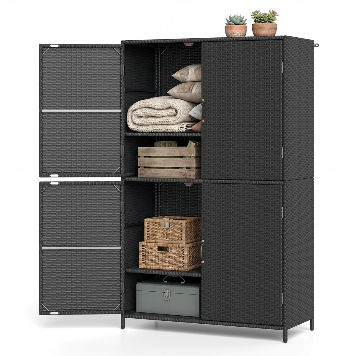 4-Door Rattan Vertical Storage Shed with Adjustable Shelves