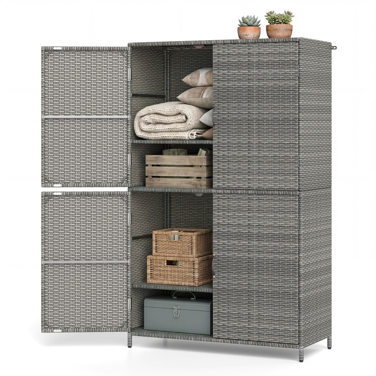 4-Door Rattan Vertical Storage Shed with Adjustable Shelves
