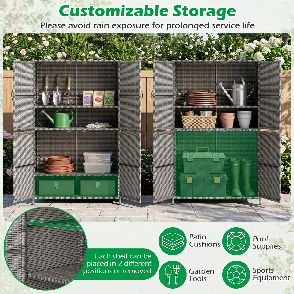 4-Door Rattan Vertical Storage Shed with Adjustable Shelves