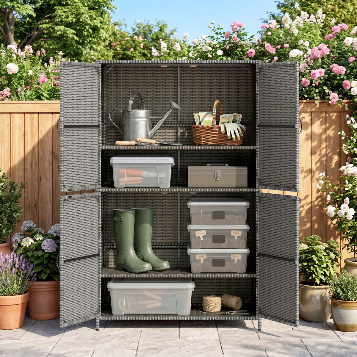 4-Door Rattan Vertical Storage Shed with Adjustable Shelves