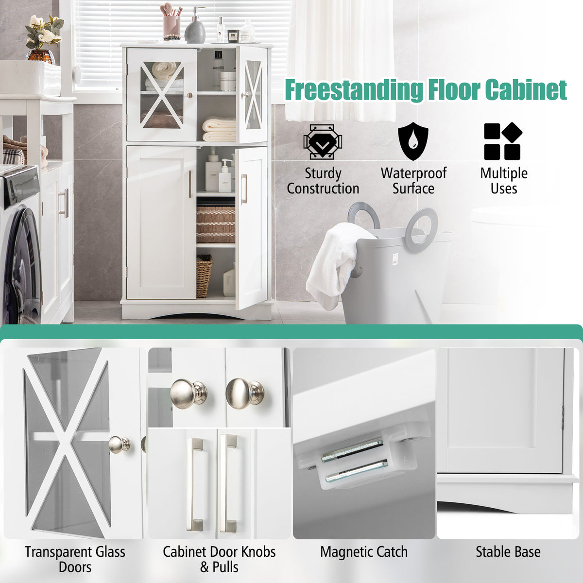 4 Doors Freeestanding Bathroom Floor Cabinet with Adjustable Shelves