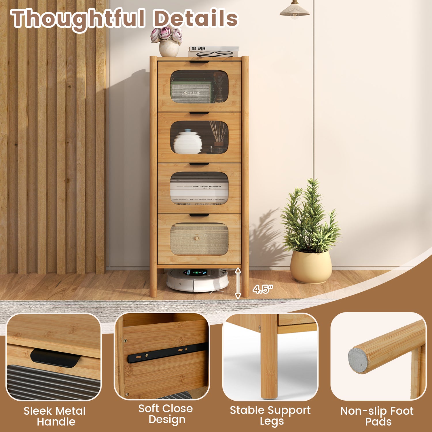4-Drawer Dresser Bamboo Storage Cabinet with Fluted Tempered Glass Drawers-Natural