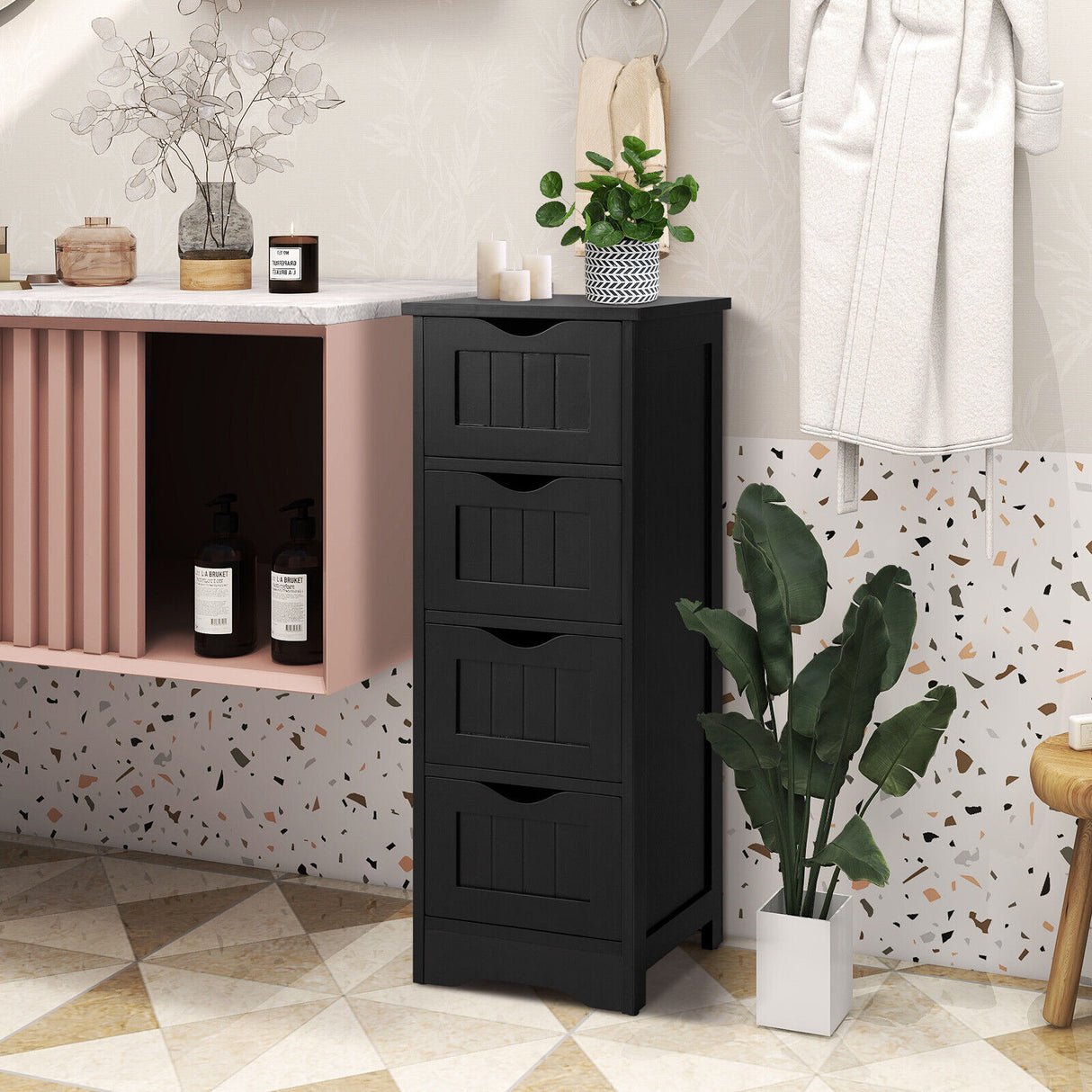 4-Drawer Freestanding Floor Cabinet with Anti-Toppling Device-Black