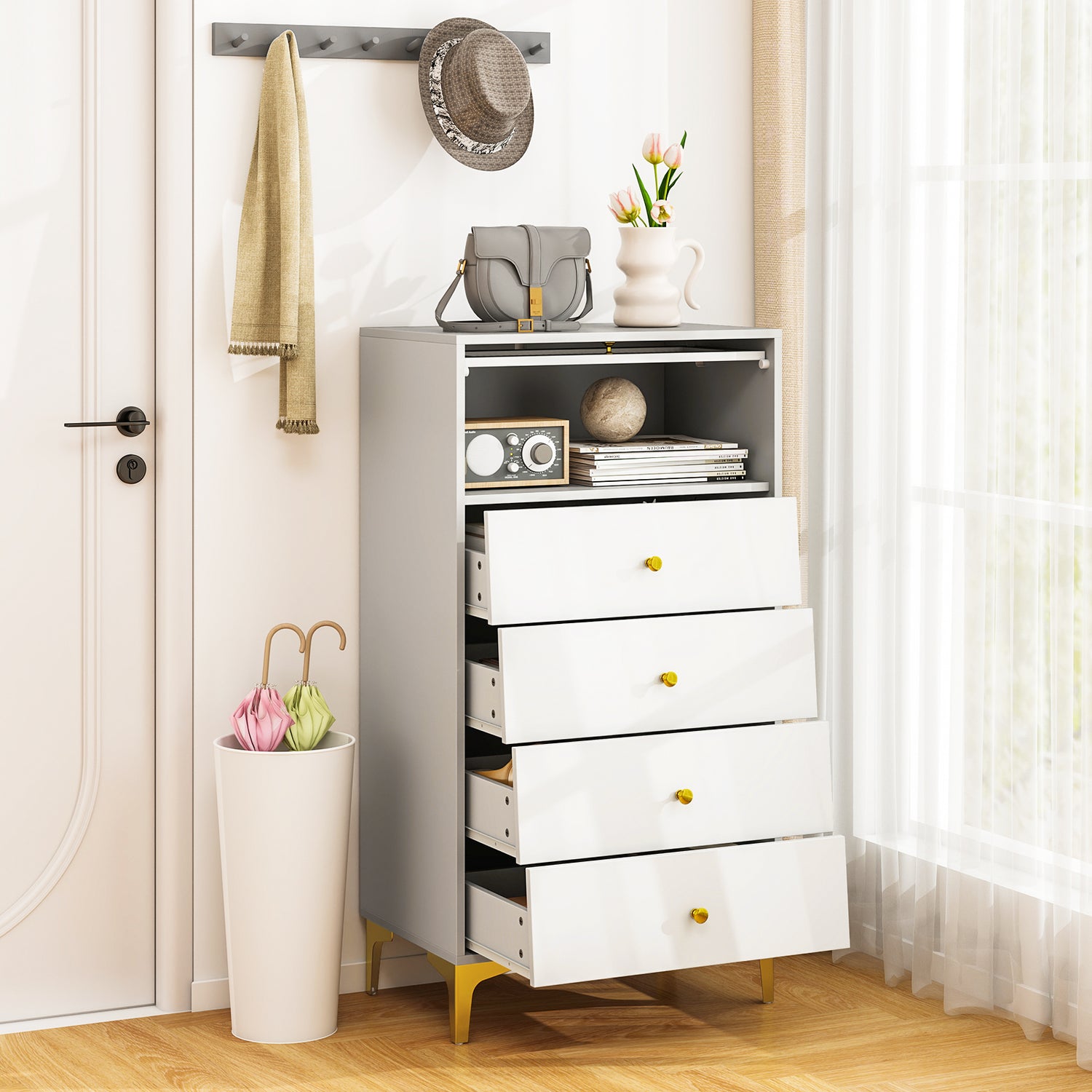 4 Drawer Modern Storage Cabinet with Flip Up Fluted Glass Door-Gray and White
