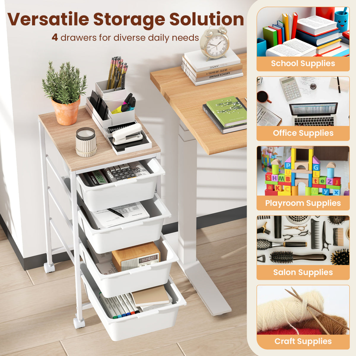 4-Drawer Rolling Storage Cart Mobile Utility Organizer with Wooden Tabletop and Lockable Wheels