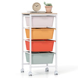 4-Drawer Rolling Storage Cart Mobile Utility Organizer with Wooden Tabletop and Lockable Wheels