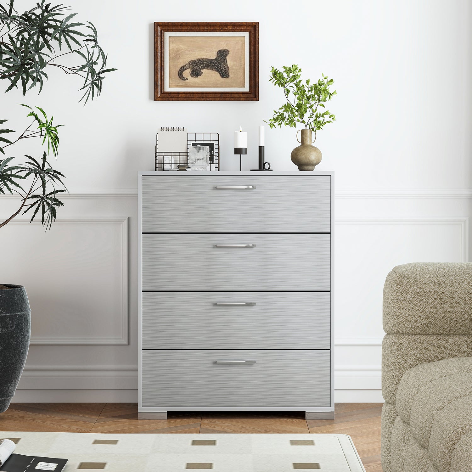 4 Drawer Storage Cabinet with Metal Legs Handles with Anti-Toppling Devices