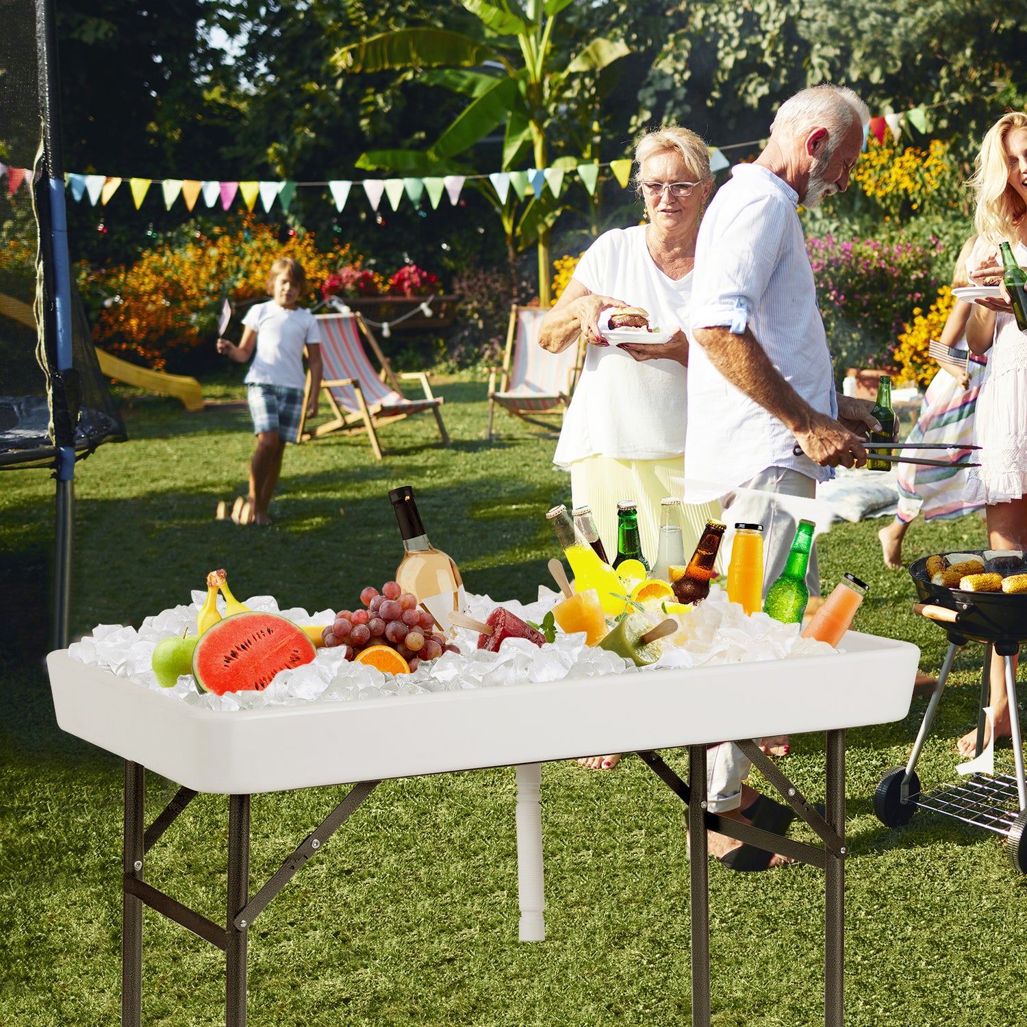 4 Feet Plastic Party Ice Folding Ice Table with Matching Skirt-White