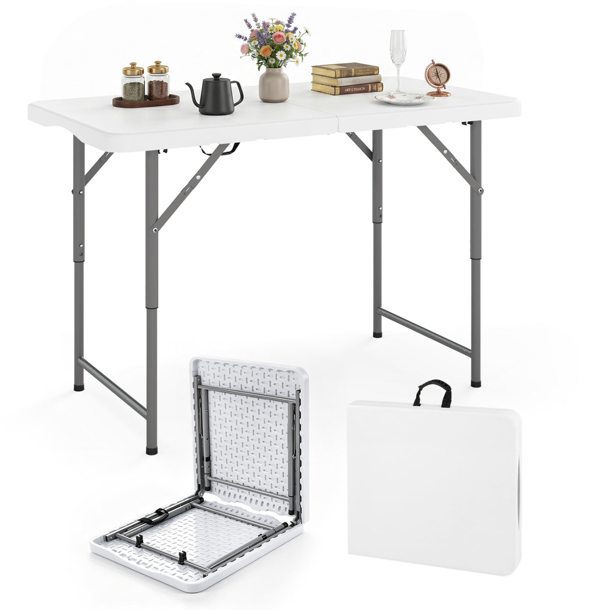 4 Feet Portable Camping Table with HDPE Tabletop and Metal Legs-White