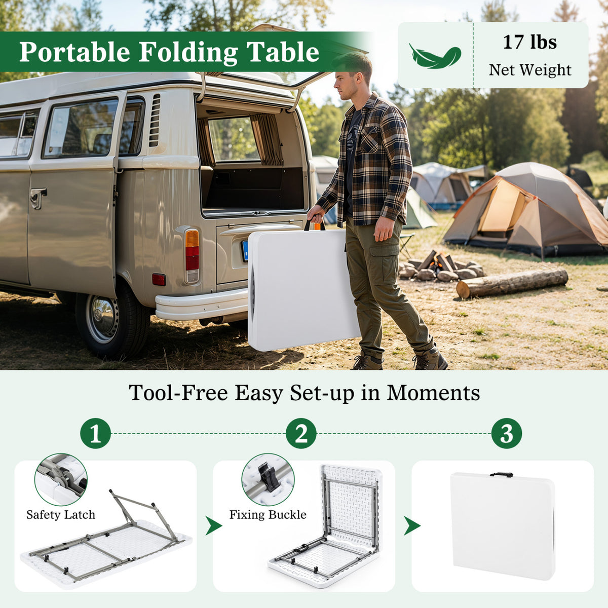 4 Feet Portable Camping Table with HDPE Tabletop and Metal Legs-White