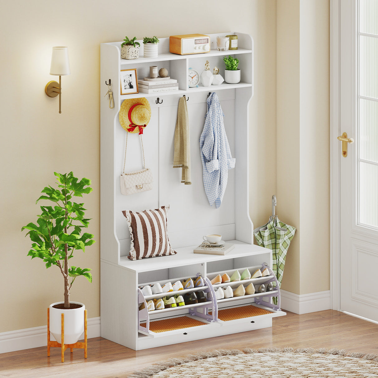 4-In-1 Hall Tree with Coat Rack and Flip Drawers for Entryway Mudroom