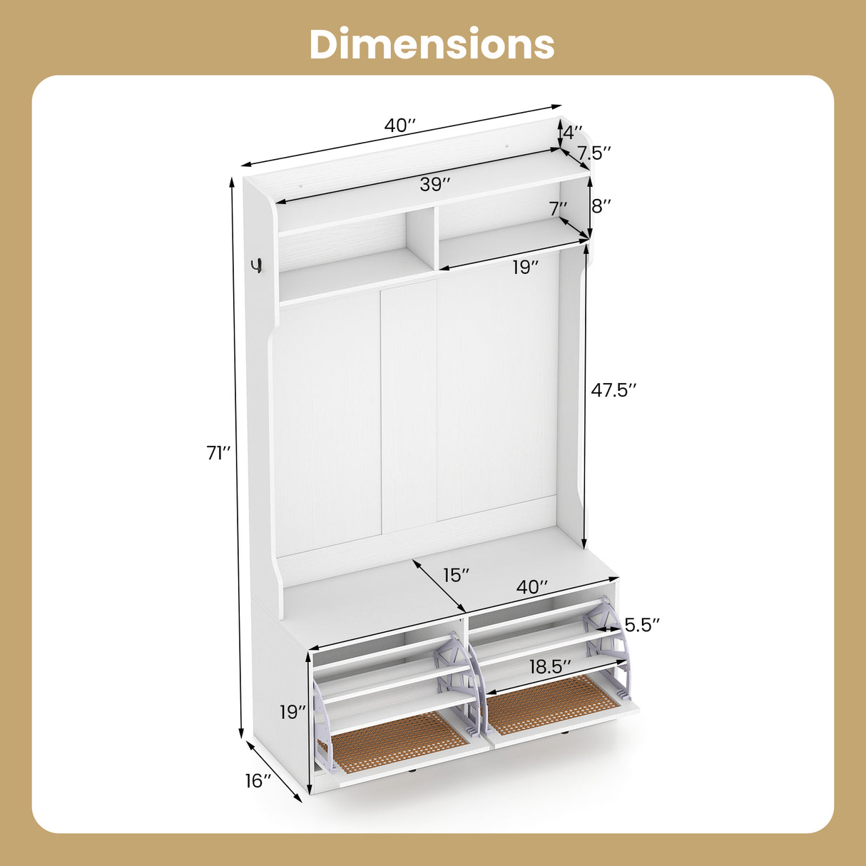 4-In-1 Hall Tree with Coat Rack and Flip Drawers for Entryway Mudroom