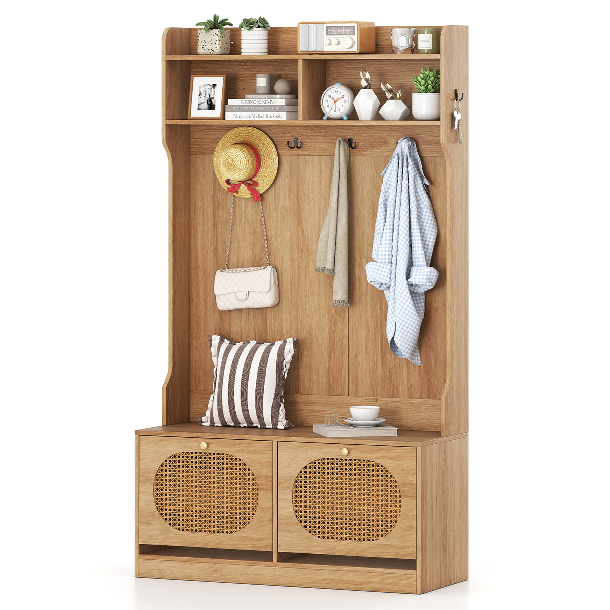 4-In-1 Hall Tree with Coat Rack and Flip Drawers for Entryway Mudroom