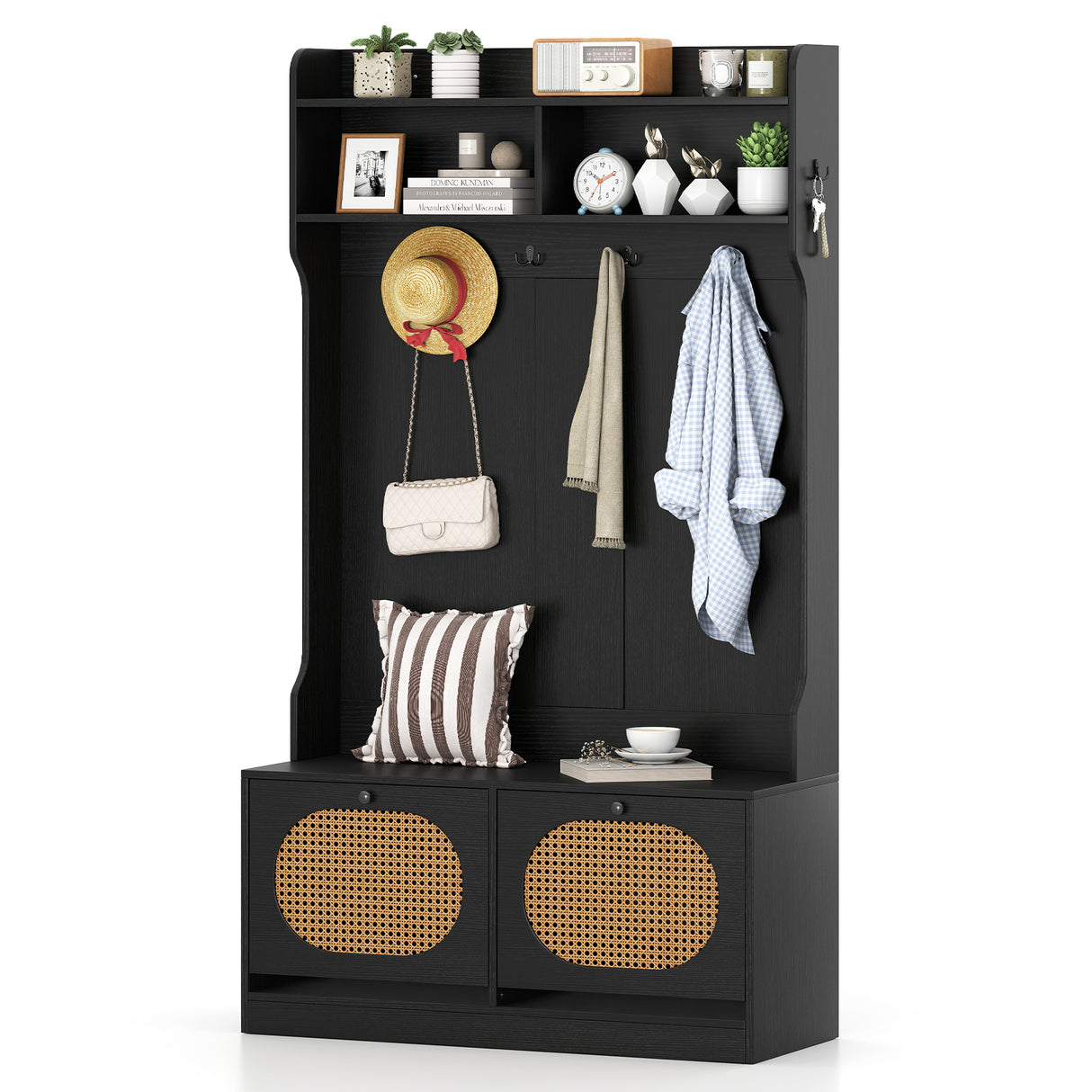 4-In-1 Hall Tree with Coat Rack and Flip Drawers for Entryway Mudroom