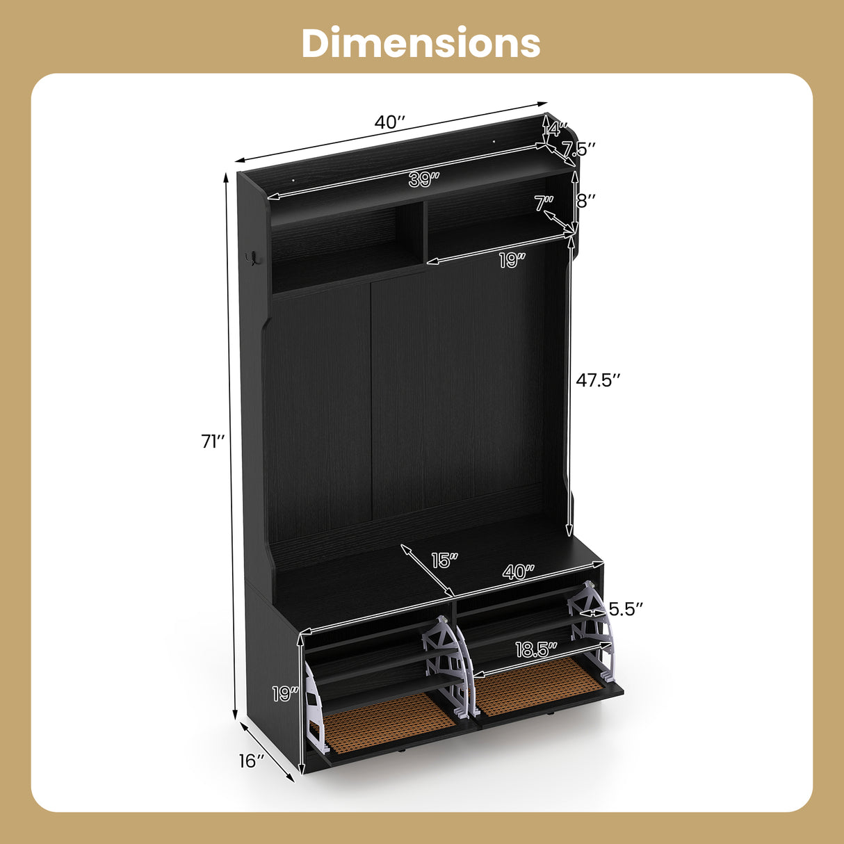 4-In-1 Hall Tree with Coat Rack and Flip Drawers for Entryway Mudroom