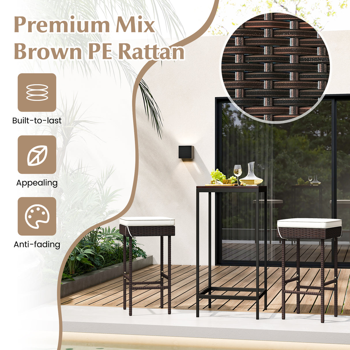 Patio Rattan Barstools Set of 2/4 with Footrest and Soft Cushions for Backyard Balcony