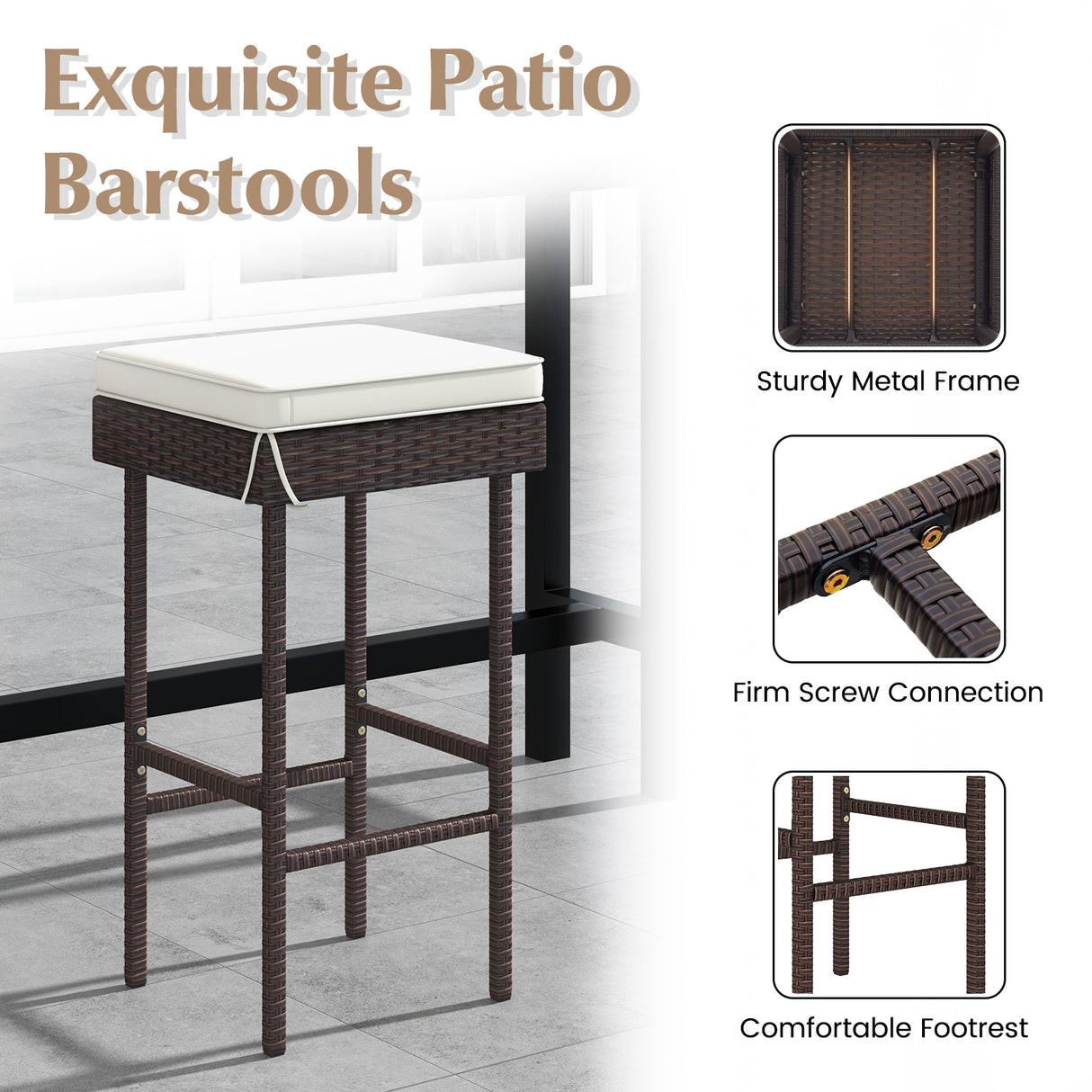 Patio Rattan Barstools Set of 2/4 with Footrest and Soft Cushions for Backyard Balcony