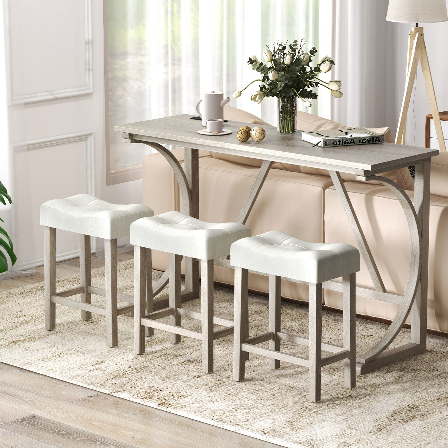 4-Piece Bar Table Set with Power Outlet and Upholstered Saddle Seat Stools-Grey and Beige