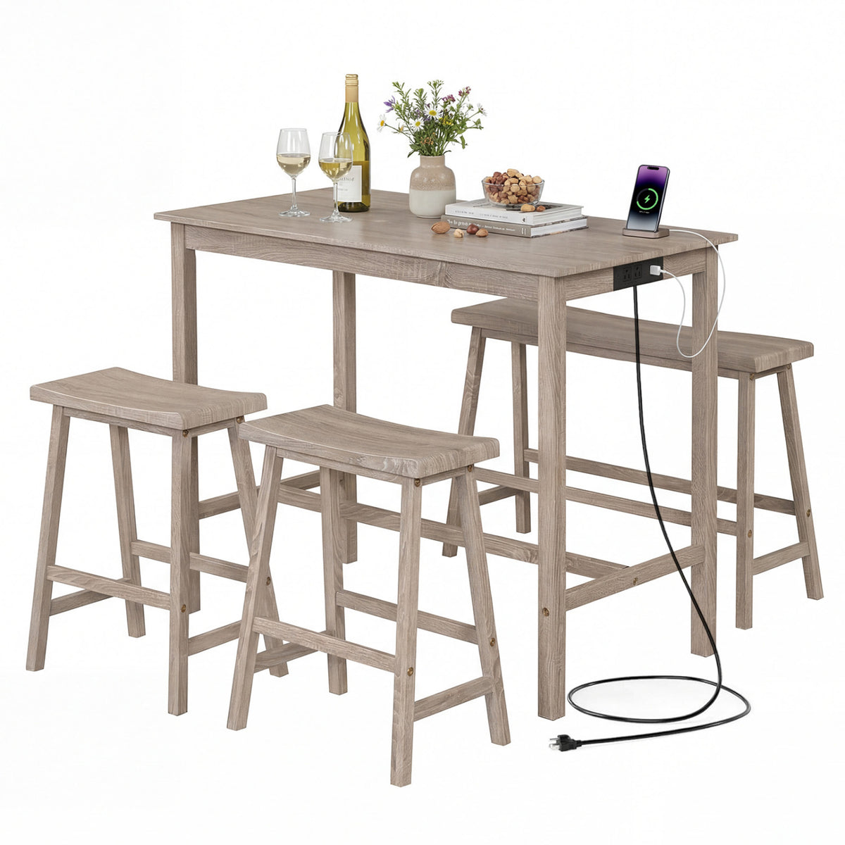 4-Piece Counter Height Dining Table Set with Power Outlet Solid Rubber Wood Kitchen Table