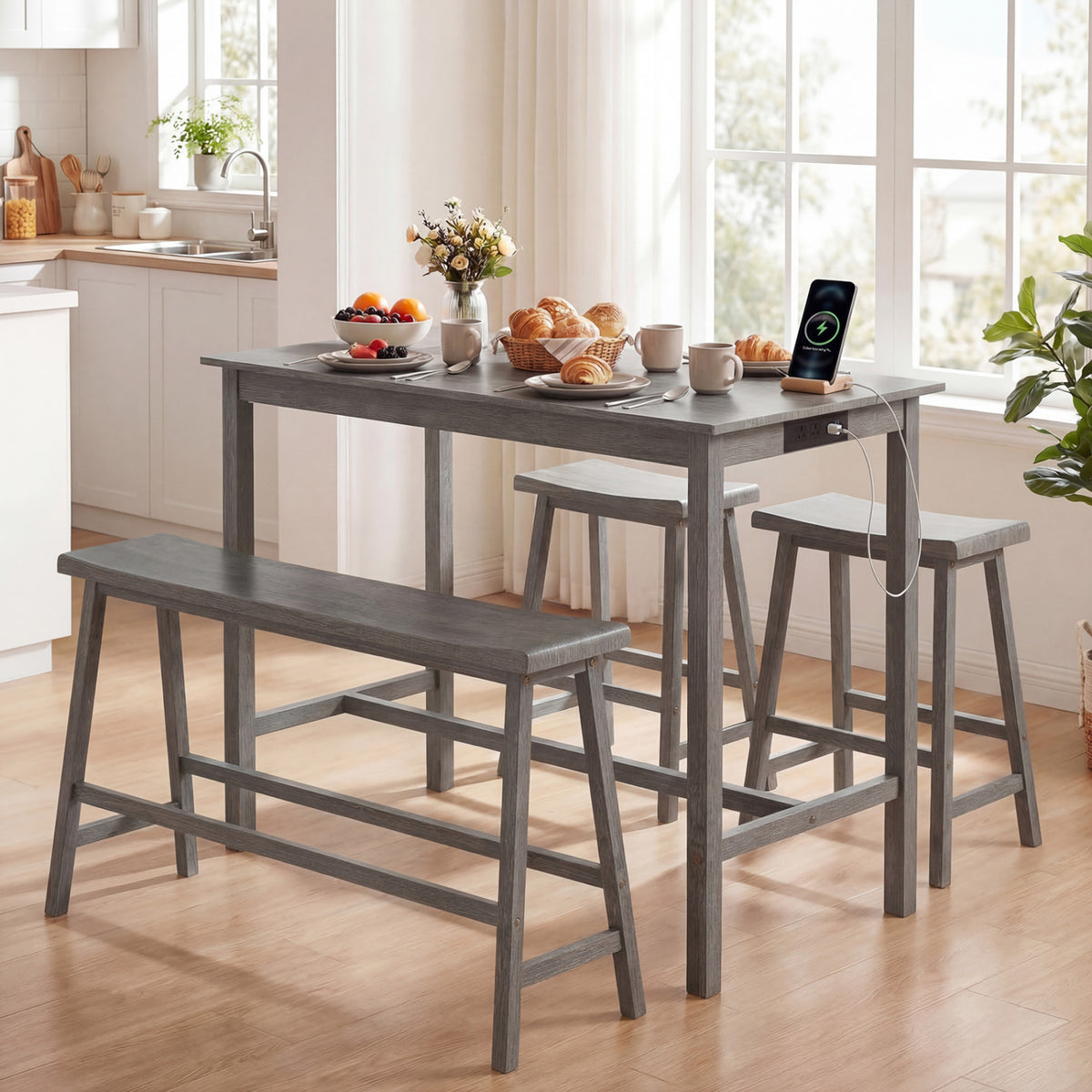 4-Piece Counter Height Dining Table Set with Power Outlet Solid Rubber Wood Kitchen Table