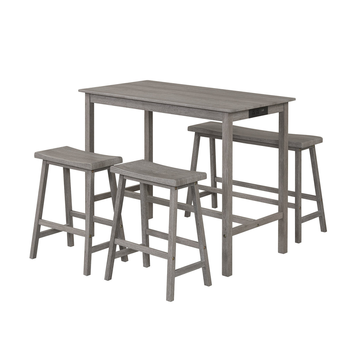 4-Piece Counter Height Dining Table Set with Power Outlet Solid Rubber Wood Kitchen Table