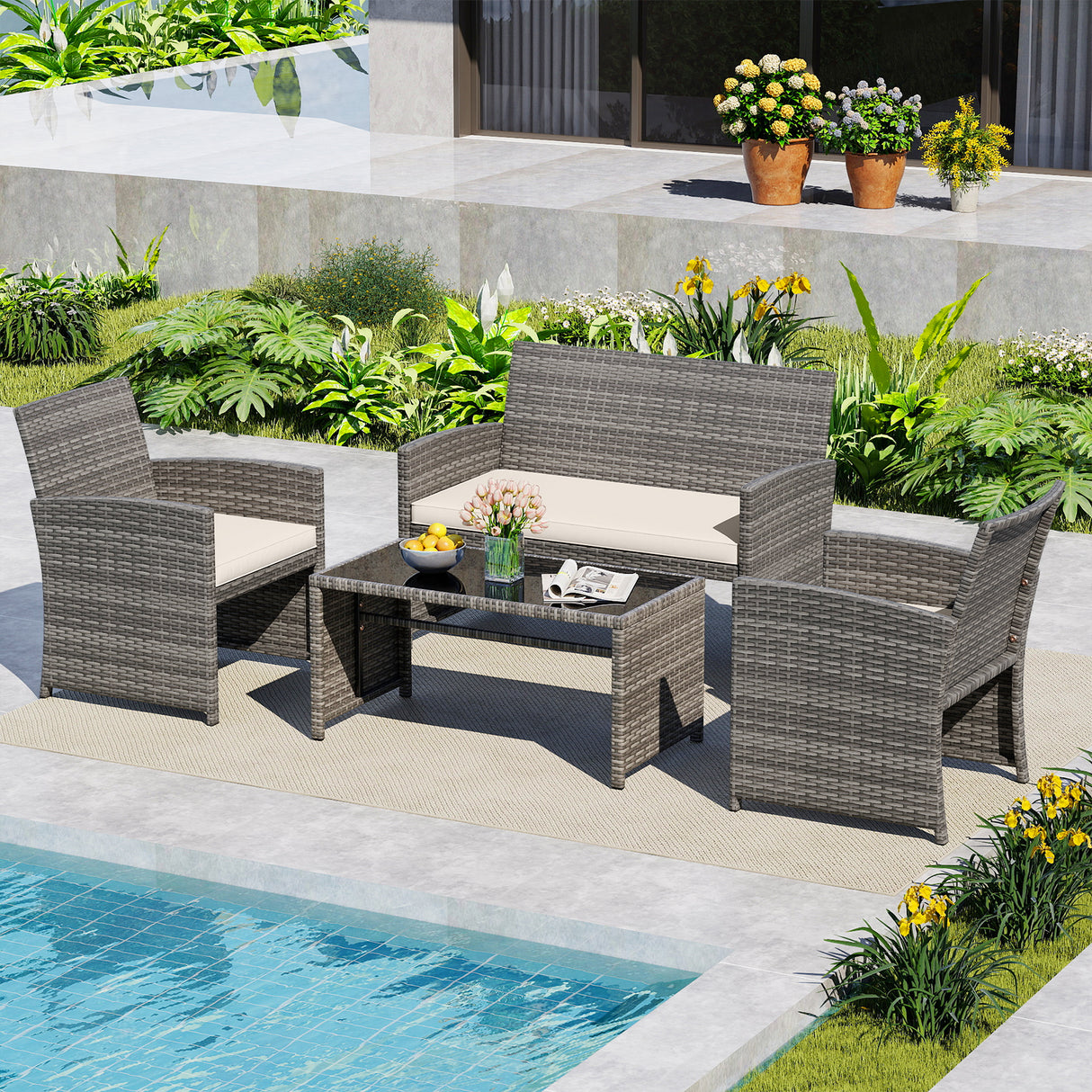 4 Piece Patio Conversation Set Rattan Chair Loveseat and Table Set