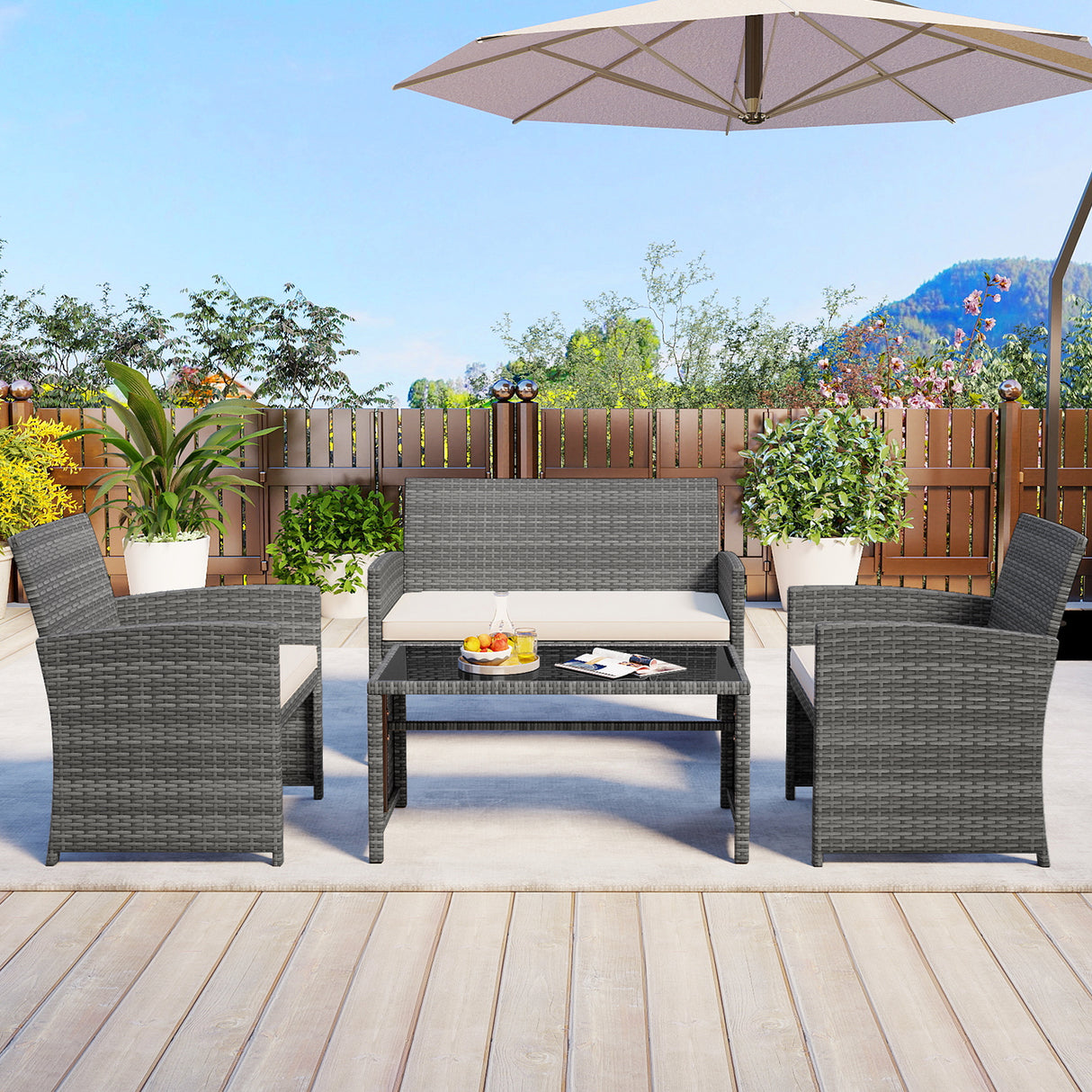 4 Piece Patio Conversation Set Rattan Chair Loveseat and Table Set