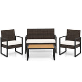 4 Piece Patio Furniture Set Outdoor Rattan Conversation Set with Cushioned Chairs and Wood Plastic Coffee Table-Off White