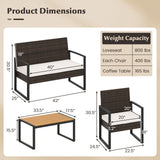 4 Piece Patio Furniture Set Outdoor Rattan Conversation Set with Cushioned Chairs and Wood Plastic Coffee Table-Off White