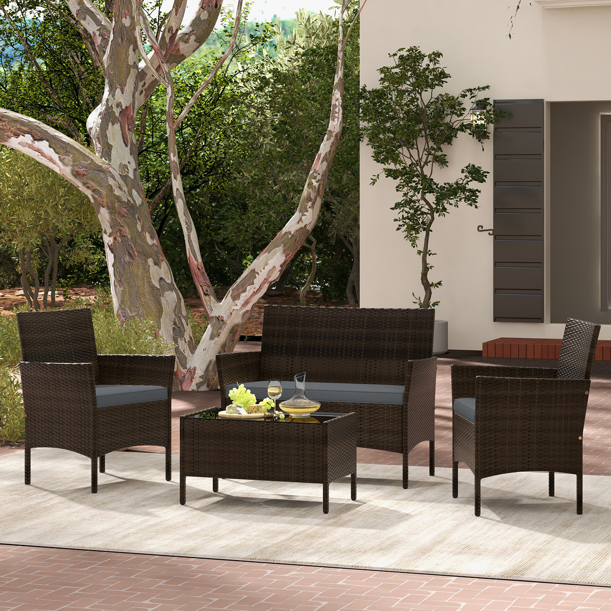 4 Piece Patio Rattan Conversation Set with Cozy Seat Cushions