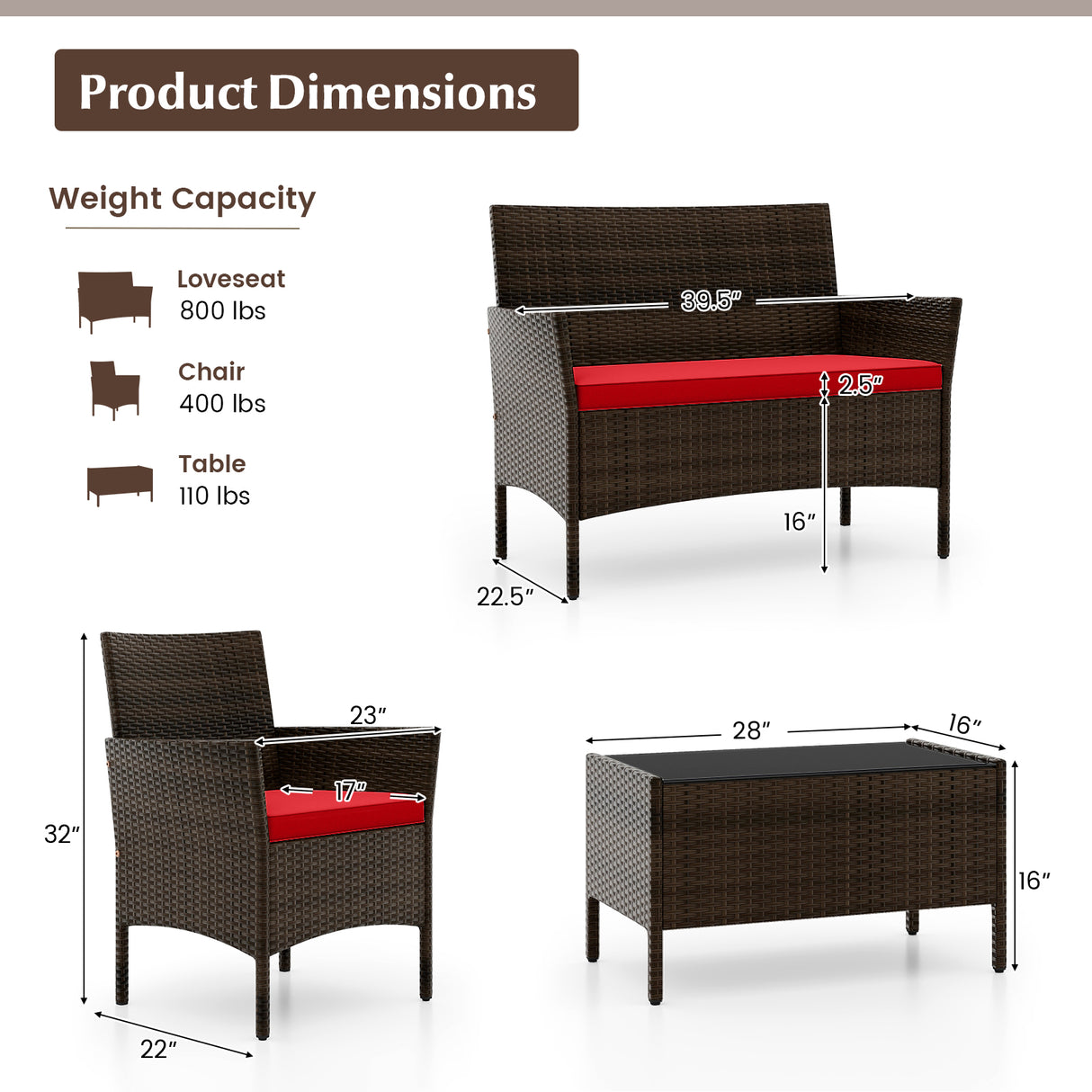 4 Piece Patio Rattan Conversation Set with Cozy Seat Cushions