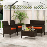 4 Piece Patio Rattan Conversation Set with Cozy Seat Cushions