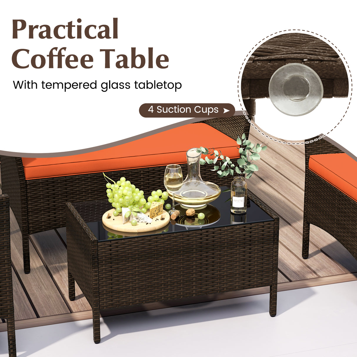 4 Piece Patio Rattan Conversation Set with Cozy Seat Cushions