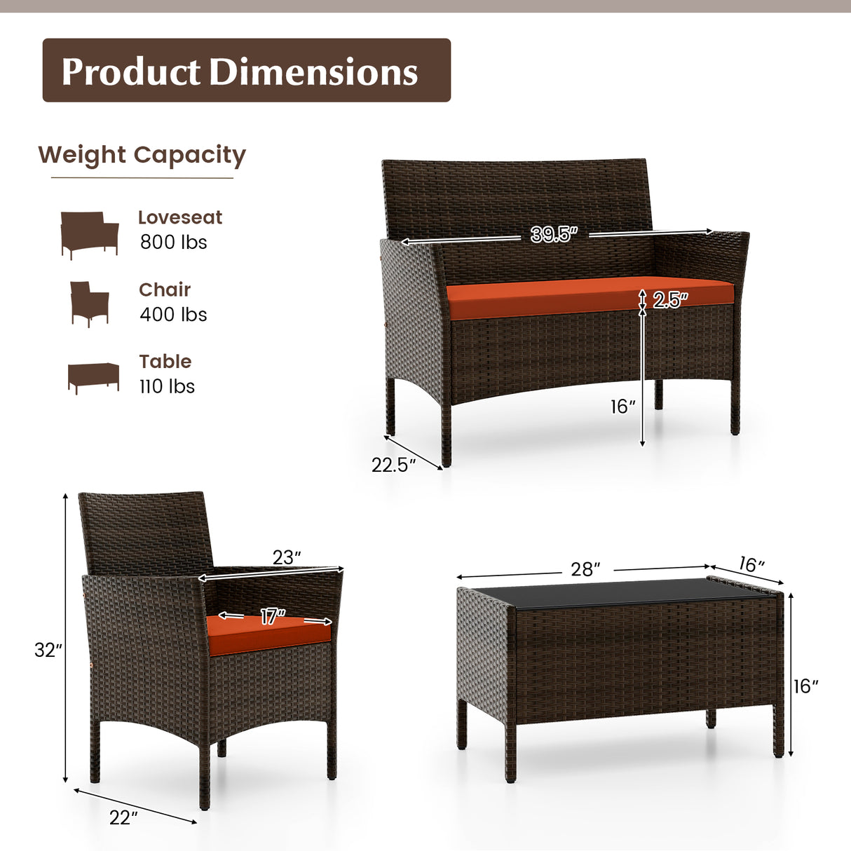4 Piece Patio Rattan Conversation Set with Cozy Seat Cushions
