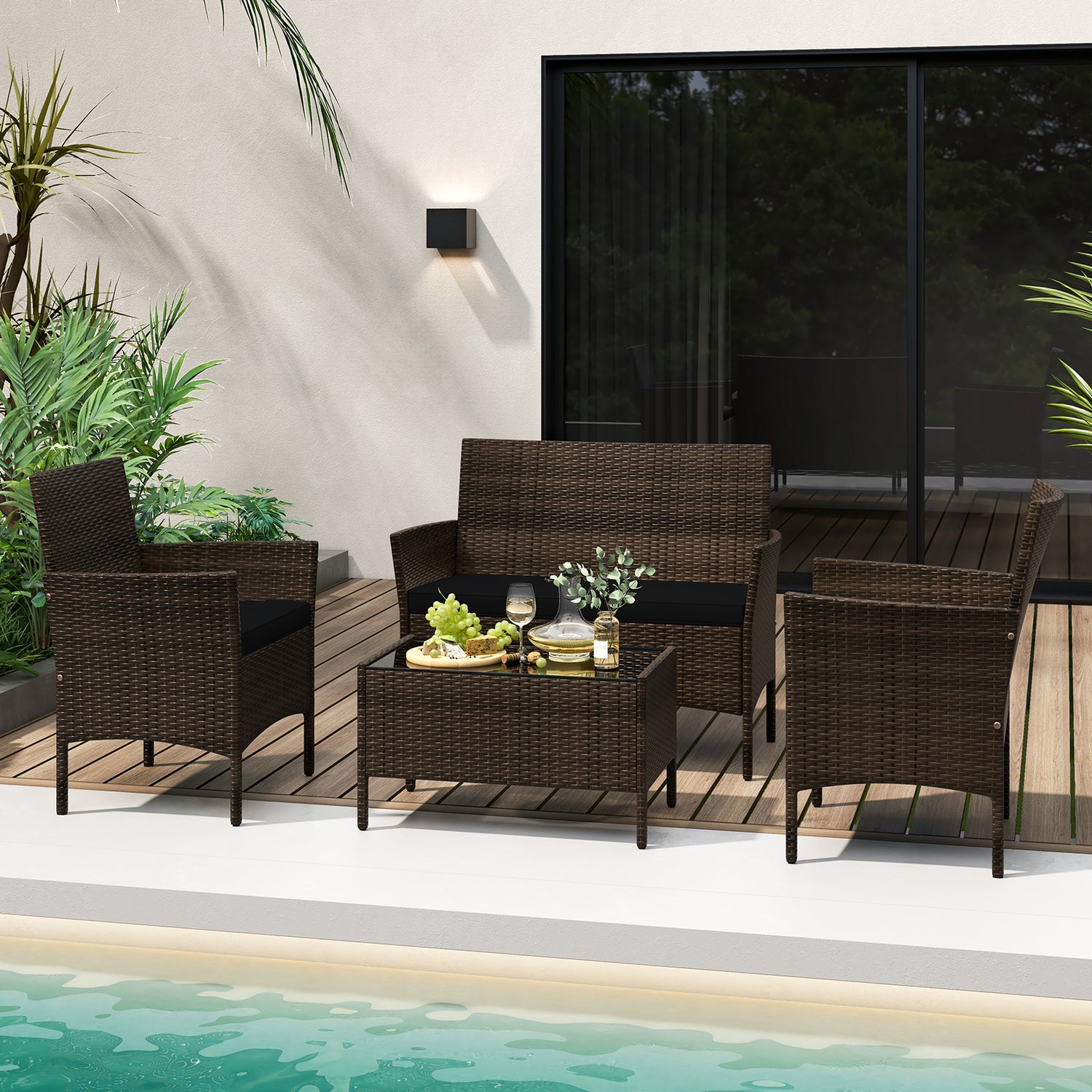 4 Piece Patio Rattan Conversation Set with Cozy Seat Cushions