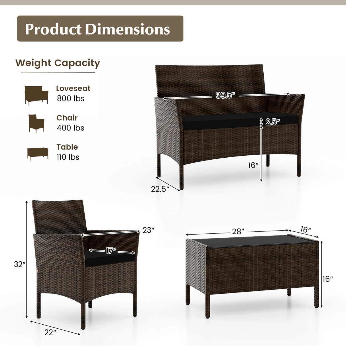 4 Piece Patio Rattan Conversation Set with Cozy Seat Cushions