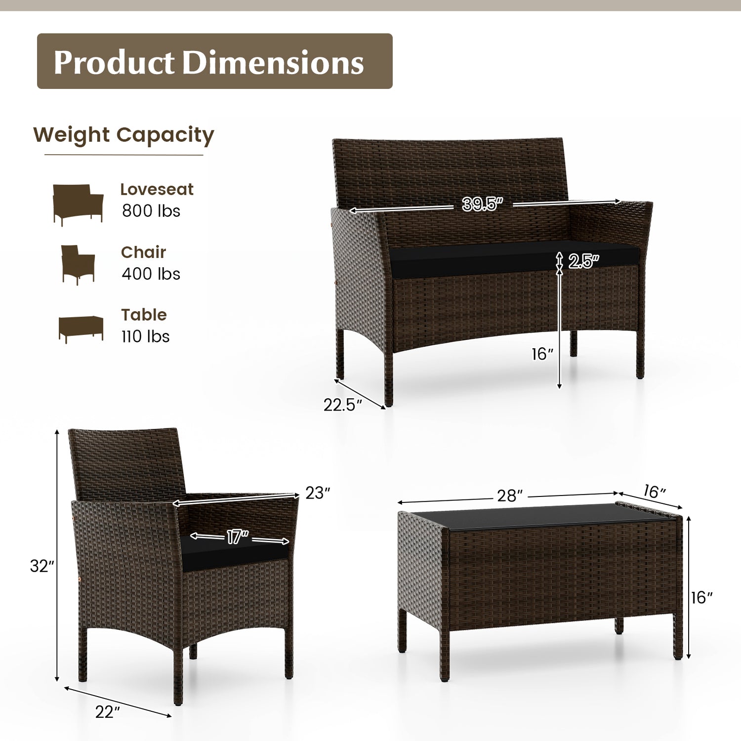 4 Piece Patio Rattan Conversation Set with Cozy Seat Cushions